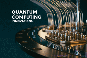 Quantum computer processor with glowing qubits representing the latest innovations in quantum computing technology and industry advances in 2025